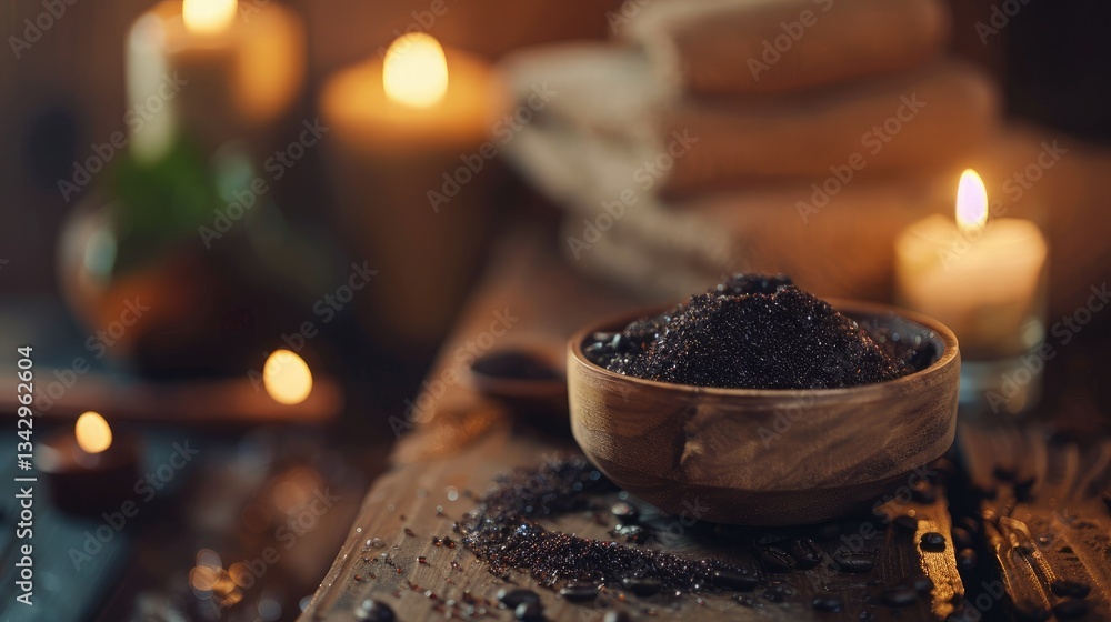 A small glass jar filled with homemade coffee or sugar scrub, placed on a wooden surface with spa elements A small glass jar filled with homemade coffee or sugar scrub, placed on a wooden surface with spa elements
