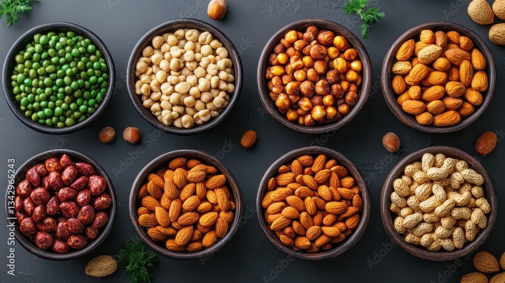 Various nuts, peas, are in wooden bowls on a dark background. Great for healthy food, snack, vegan, or ingredient concepts. Various nuts, peas, are in wooden bowls on a dark background. Great for healthy food, snack, vegan, or ingredient concepts.