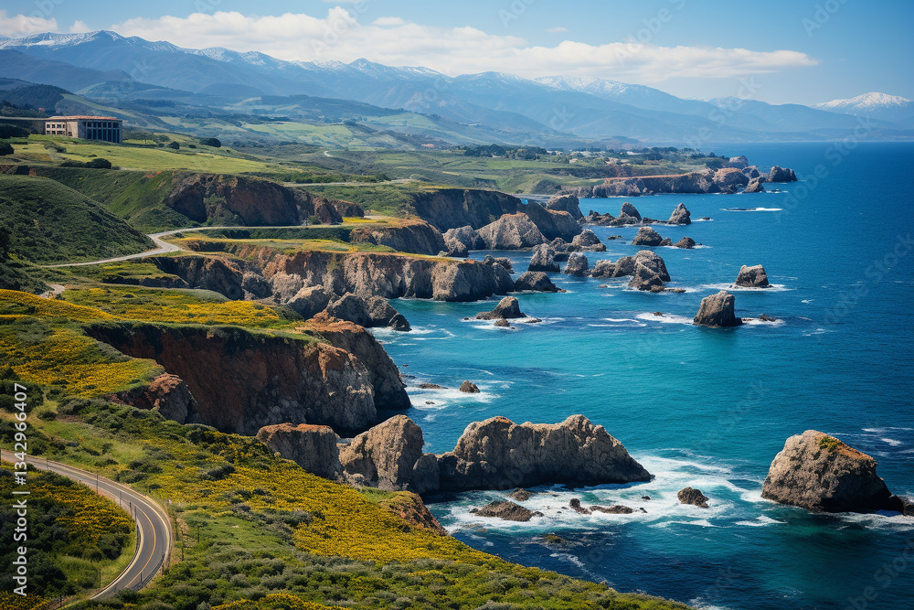 Obraz premium breathtaking panorama of a peninsula, where grandeur of sweeping vistas and intricate coastline intertwine, evoking a profound sense of exploration and wonder from this elevated viewpoint