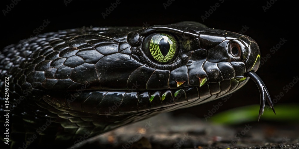 Close-up view of a black snake with vivid green eyes in a dark jungle setting at dusk
