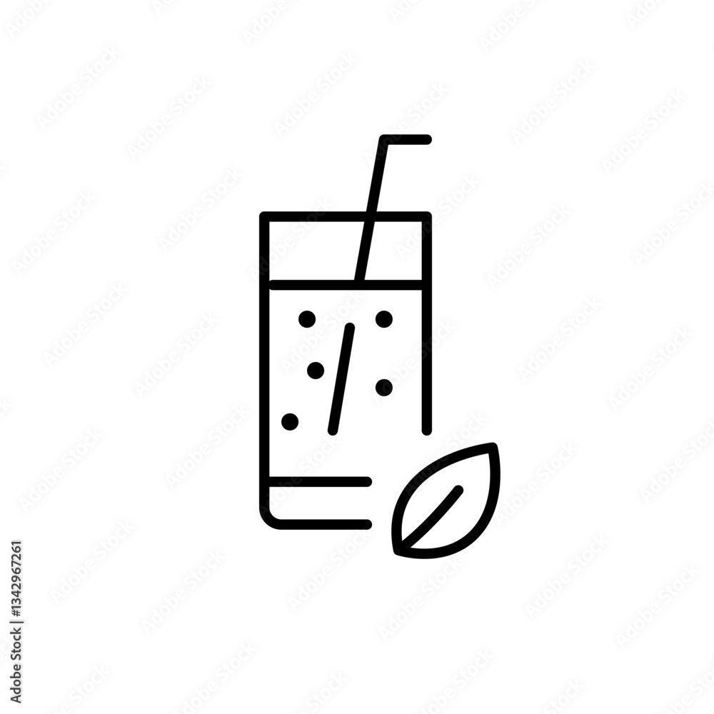 Bubble or ice tea with leaf in glass with straw. Pixel perfect, editable stroke vector icon Bubble or ice tea with leaf in glass with straw. Pixel perfect, editable stroke vector icon
