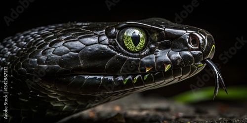 Obraz na płótnie Close-up view of a black snake with vivid green eyes in a dark jungle setting at dusk w salonie