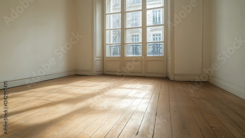 Wallpaper Mural Bright Empty Room with Hardwood Floor and Sunlight Streaming Through French Door Torontodigital.ca