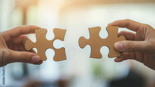 Two hands connecting wooden puzzle pieces, symbolizing teamwork and collaboration.