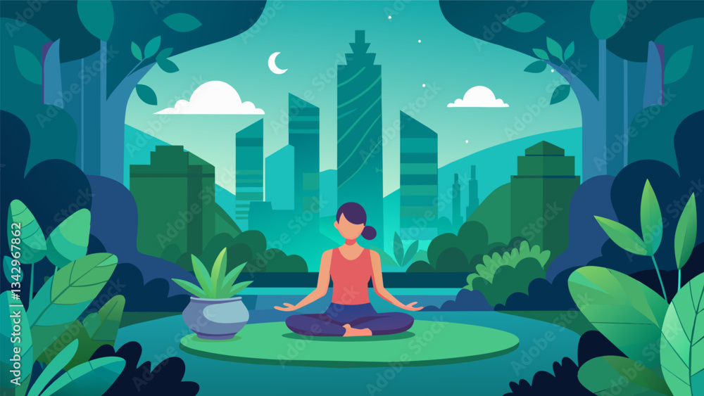 Obraz premium A peaceful urban sanctuary designed with lush greenery and soft lighting offering meditation and yoga classes to those seeking a moment of mindfulness.. Vector illustration