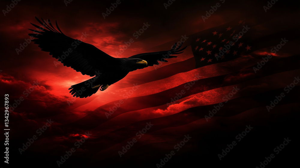 Silhouette eagle with American flag with symbolizing strength and freedom . Best to celebrate 4th of July Memorial or Independence day background.