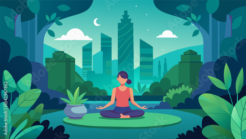 A peaceful urban sanctuary designed with lush greenery and soft lighting offering meditation and yoga classes to those seeking a moment of mindfulness.. Vector illustration