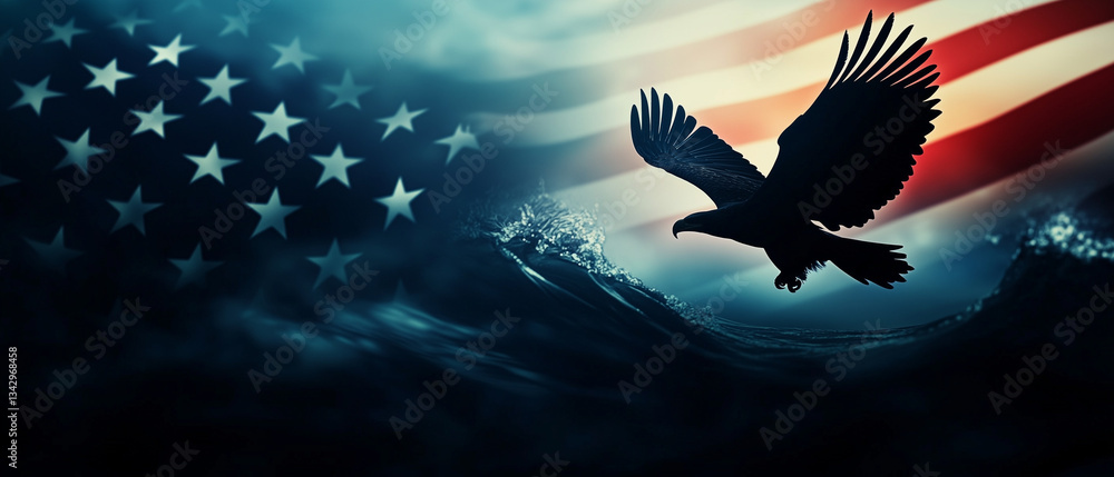 Silhouette eagle with American flag with symbolizing strength and freedom . Best to celebrate 4th of July Memorial or Independence day background.