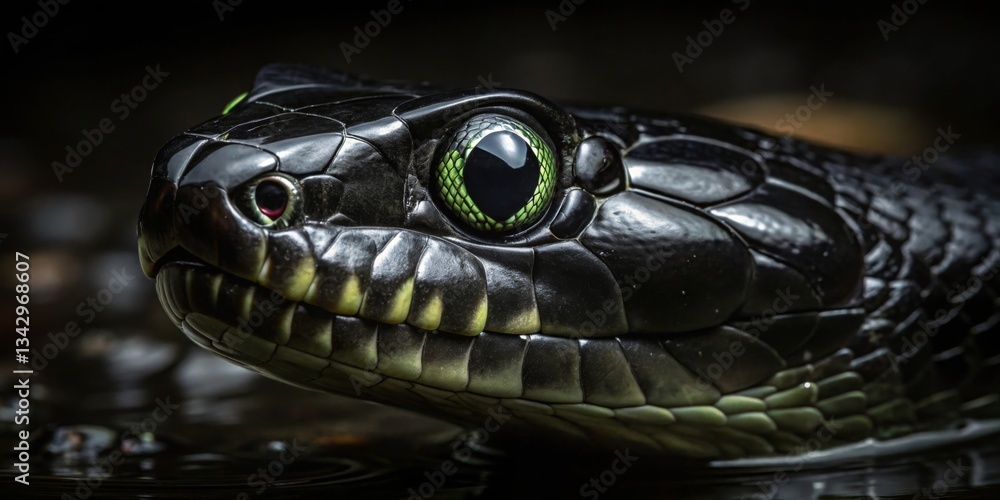 Close-up view of a striking black snake with vibrant green eyes resting near water at night