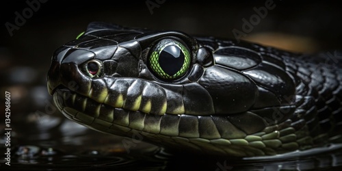 Obraz na płótnie Close-up view of a striking black snake with vibrant green eyes resting near water at night w salonie