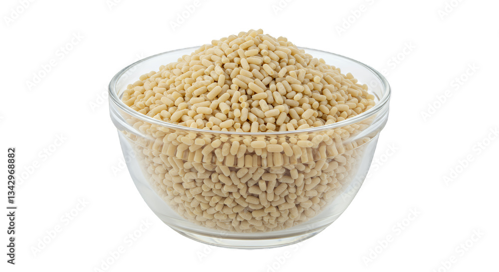 Light Beige Small Pasta in Clear Glass Bowl on Transparent Background Light Beige Small Pasta in Clear Glass Bowl on Transparent Background