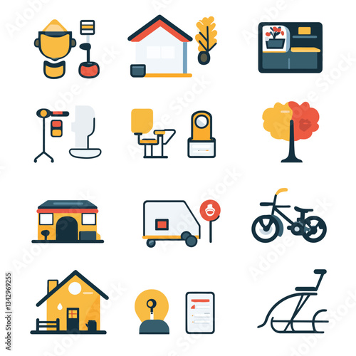 Illustration of domestic life objects, household items and urban vehicles