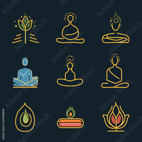 Meditation Yoga Symbols Icons: Spiritual Practice, Mindful Wellness Design