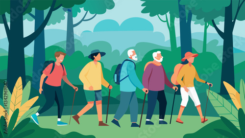 A group of older adults trekking through a dense forest guided by an experienced leader and their trusty walking sticks.. Vector illustration