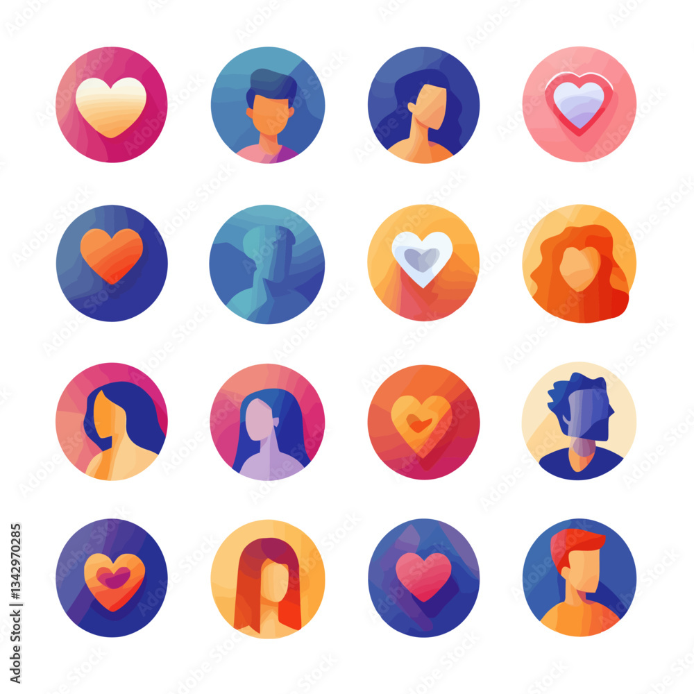 Social Media Profile Icons with Hearts and People for Web and App Design Social Media Profile Icons with Hearts and People for Web and App Design
