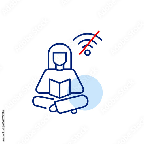 Woman reading a book and no wi-fi symbol. Offline library, digital detox mode. Pixel perfect, editable stroke vector icon