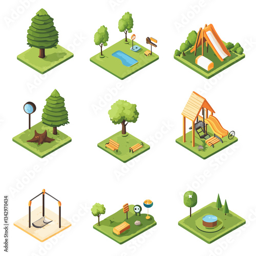 Isometric Playground Elements: Trees, Slides, Benches, and Play Structures