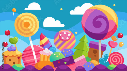 A sugary wonderland with a variety of candies in every color imaginable from gummy bears to lollipops to chocolate kisses.. Vector illustration
