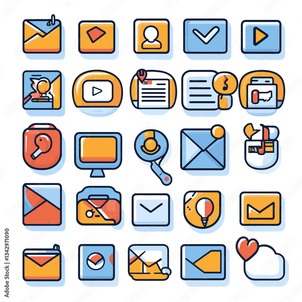 Communication Icons with Mail, Messages, Search, and Technology Elements Communication Icons with Mail, Messages, Search, and Technology Elements