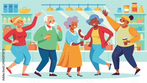 A group of senior citizens surprising shoppers at a grocery store breaking into a flash mob of country line dancing showcasing their zest for life and love of music.. Vector illustration