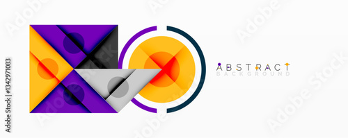 Geometric abstract design with layered triangles, circles, and gradients, forming a structured pattern with sharp contrasts and depth