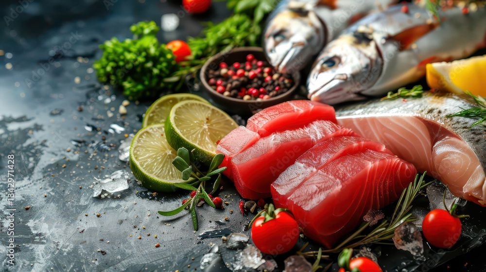 Fresh tuna display for world tuna day celebration. Horizontal banner. Copy space Fresh tuna display for world tuna day celebration. Horizontal banner. Copy space
