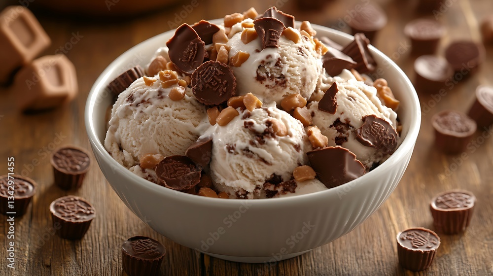 A bowl of chocolate peanut butter cup ice cream placed on wooden table with scattered peanut butter cups A bowl of chocolate peanut butter cup ice cream placed on wooden table with scattered peanut butter cups