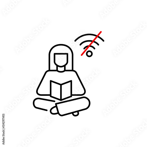 Woman reading a book and no wi-fi symbol. Offline library, digital detox mode. Pixel perfect, editable stroke vector icon