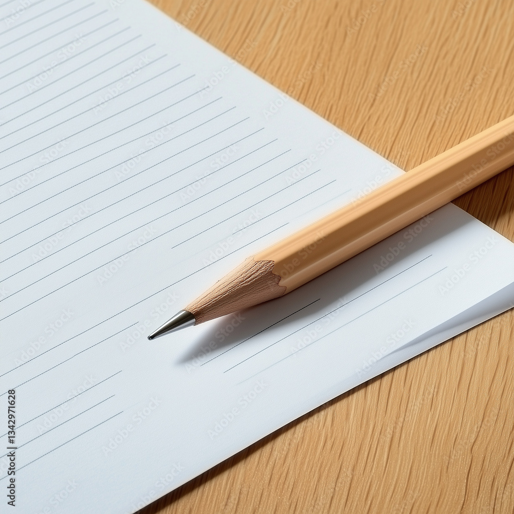 Sharpened pencil resting on lined paper on wooden desk Sharpened pencil resting on lined paper on wooden desk