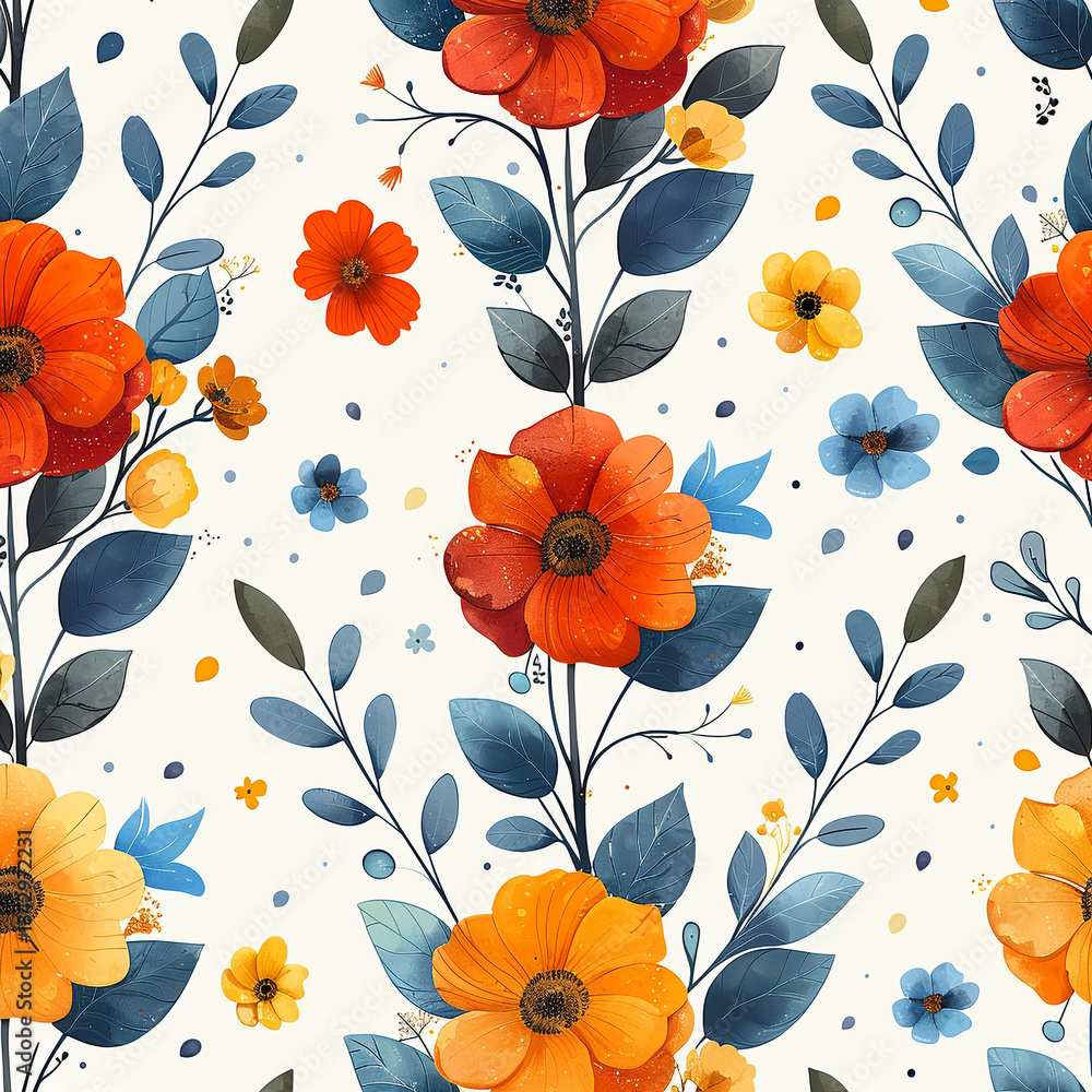 Vibrant Floral Seamless Pattern with Orange and Red Flowers Vibrant Floral Seamless Pattern with Orange and Red Flowers