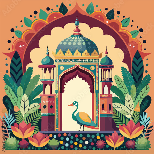 Majestic Mughal Garden Archway Adorned with Elephants in a Palace Courtyard