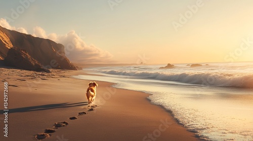 Dog running beach sunset; coastal cliffs background; pet freedom; travel poster