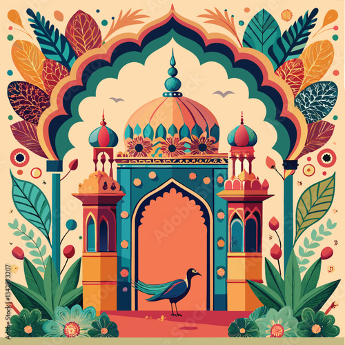 Intricate Mughal Garden Archway with Majestic Elephant in Historic Palace