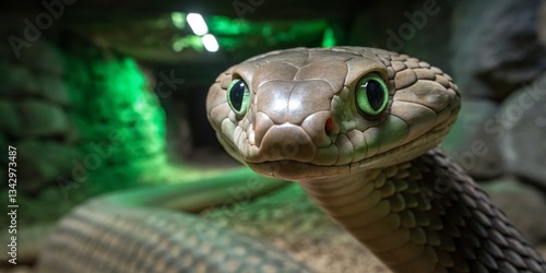 Obraz na płótnie Close-up view of a snake in a dimly lit environment showcasing its intricate features and vibrant eyes w salonie