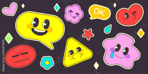 Groovy smile stickers set - quirky shapes with cute kawaii facial expressions. Speech bubbles, flowers, hearts and geometric forms grinning and frowning, laughing and crying. Funky retro cartoon icons