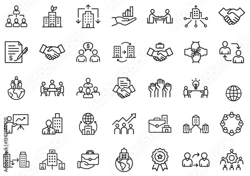 Business Partnership and Corporate Collaboration Line Icons – Networking, Teamwork, Mergers, Investments, Leadership, Global Business, Strategic Planning, and Corporate Growth Icon Set