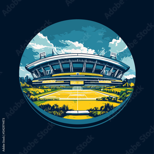 Vivid Graphic of Stadium, Vibrant Field, Cityscape, and Expressive Sky