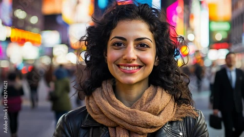 Wallpaper Mural Young woman smiles in vibrant city center during evening surrounded by bright lights and bustling crowd Torontodigital.ca