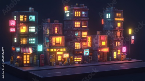 Wallpaper Mural Night city, voxel buildings, glowing signs, urban scene, game asset Torontodigital.ca