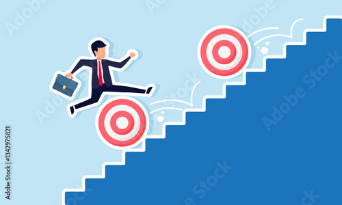Businessman runs up the stairs and jumps over rolling target boards, illustration of completing multiple business targets to achieve business goals