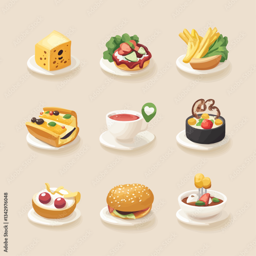 Assorted cartoon meal collection featuring breakfast, burger, and dessert Assorted cartoon meal collection featuring breakfast, burger, and dessert