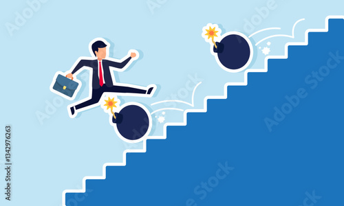 Businessman runs up the stairs and jumps over rolling bombs, illustration of avoiding business traps that lead to bankruptcy