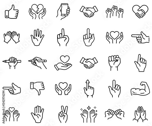 Hand Gesture and Communication Line Icons – Thumbs Up, Handshake, Victory Sign, Pointing, Fist, Love, Writing, High Five, Pledge, Approval, Disapproval, and Body Language Icon Set