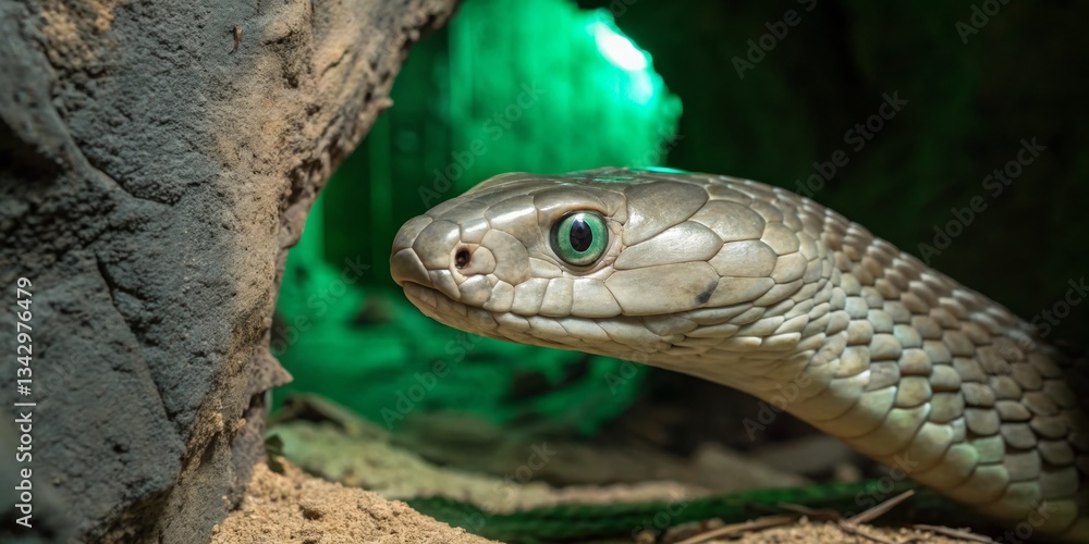 Close encounter with a snake partially emerging from its burrow in a dimly lit natural habitat