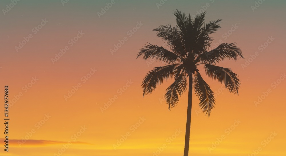 Silhouetted palm trees on a tranquil beach at sunset, generate AI Silhouetted palm trees on a tranquil beach at sunset, generate AI
