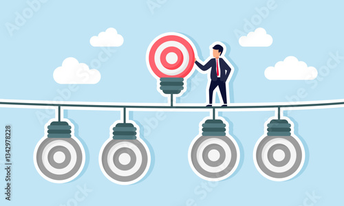 A businessman stands among target board-shaped lamps that are off, except for one lit lamp, illustration of how choosing the right business target can enhance work effectiveness