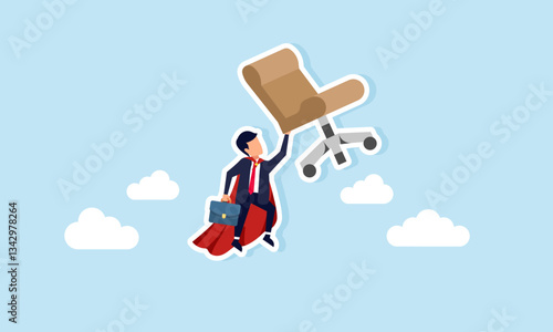 Super businessman lifts an office chair through the sky, illustration of the ability to enhance work effectiveness