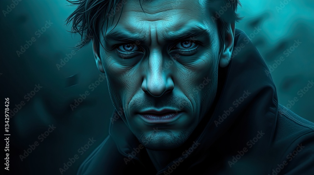 A man stares intensely with piercing eyes in a shadowy setting showcasing strong emotions through his stern expression and unique lighting effects A man stares intensely with piercing eyes in a shadowy setting showcasing strong emotions through his stern expression and unique lighting effects
