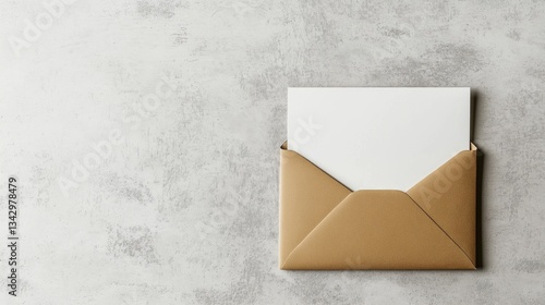 A high-angle, top-down flat lay image of a kraft brown envelope with a folded flap, partially overlapping a blank white card, both resting on a light gray background.