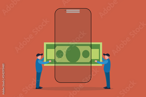 People money through smartphone online money transfer. concept of receive cash earnings application. Wireless wallet commerce cellphone customer people